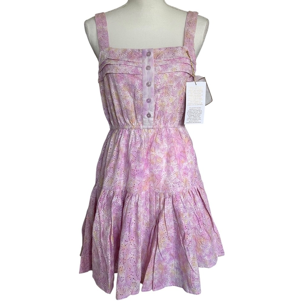 Sundress Paris Pink Eyelet Dress Mini Tiered Cotton Boho Vacation Size M - Picture 2 of 7
